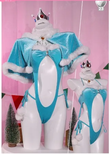 Rosalina Derivative Sexy Lingerie Set Christmas Furry Cutout Bodysuit with Short Cape Choker Crown