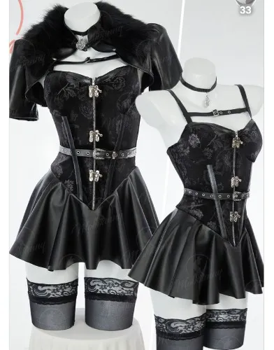 Yennefer Derivative Sexy Lingerie Set Black Dress and Short Jacket with Gloves and Belt Costume
