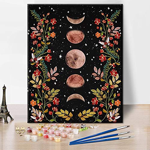 Paint by Numbers Moon Garden Surrounded by Vines and Flowers DIY Acrylic Painting Kit with Brushes Pigment Arts Craft Canvas Oil Painting Artwork for Kids Adults Beginners Wall Decor 16" x 20" - Moon Garden