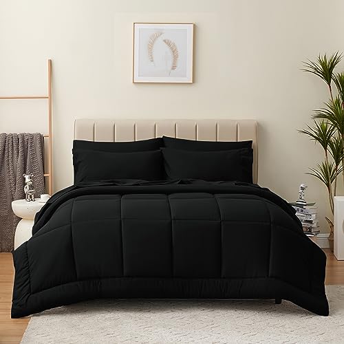 CozyLux King Size Comforter Set - 7 Pieces Bed in a Bag Set Black, King Bedding Set with All Season Quilted Comforter, Flat Sheet, Fitted Sheet, Pillowcases, Black, King - Black - King