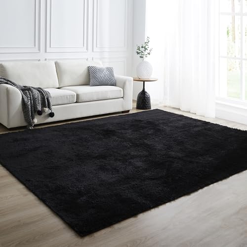 COOVA Area Rug 250GSM PV Plush Velvet Fluffy Rug with Coffee 450GSM Non-Woven -multiuse for Indoor, Kitchen, Living Room, Bathroom - nonsheding earycare Soft and pet Friendly, Black 8x10 - Black - 8*10
