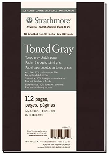 Strathmore 400 Toned 118gsm Paper Soft Cover Sketchbook, Fine Grain, 5.5 x 8.5 in, 56 Sheets, Ideal for Professionals & Students - TND GRAY SKT SC AJ 118G 5.5x8" 56SH