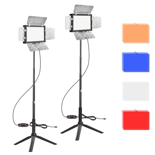 Upgraded 2 Packs LED Video Light, EMART Dimmable Studio Lights With Barndoor and 4 Color Filters, 5500K 66 LED Photography Lighting for Table Top Photo Video Streaming Shooting - Video Light
