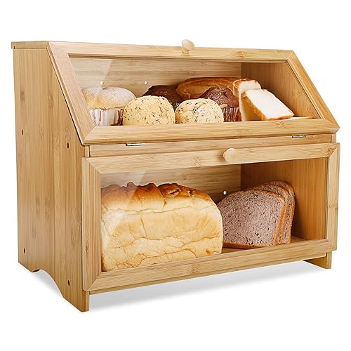 Leader Accessories Double Decker Bamboo Bread Bin 2-Layer Bread Box Large Capacity Bread Storage for Kitchen 15.3"x9.8"x12.6" - Bamboo(39x25x32cm/15.3"x9.8"x12.6")