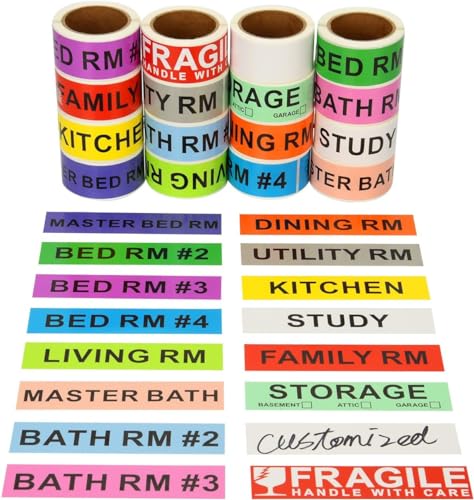 960 Home Moving Labels for 4 Bedroom House, 60 Labels per Roll, 16 Color Coded Label Rolls, Included Fragile Stickers and Blank Label, for Moving Supplies, Cardboard Box, Wardrobe Boxes (960Labels) - 960Labels
