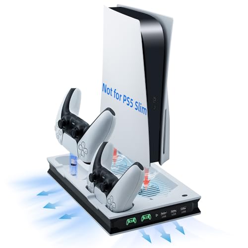 Mcbazel Vertical PS5 Cooling Charger Stand, Multifunctional LED Cooling Stand with Dual Controller Charging Station for PS5 Console UHD/Digitial Edition - White/Black - Vertical White/Black