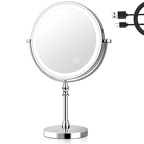 UUCOLOR Makeup Mirror with Lights USB Rechargeable 8 Inch 3 Color Lights Two Sided 1X/10X Magnification LED Vanity Mirror Touch Control 360°Rotation Light up Mirror Chrome Finish - Silver