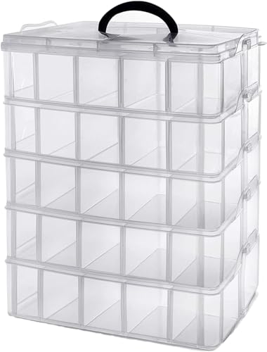 5-Tier Stackable Plastic Storage Container Box with 50 Adjustable Compartments, Plastic Craft Organizer Case Tool Storage Container Bins for Jewelry Beads Arts and Crafts Beauty Supplies (Clear)