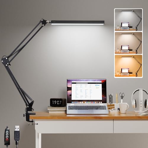GLOBAL GOLDEN LED Desk Lamp, Desk Light with Clamp with 3 Color Modes x 10 Brightness Levels, Eye-Care Swing Arm Desk Lamp with Memory Function, 12w Table Lamp for Study, Office, Working - Black