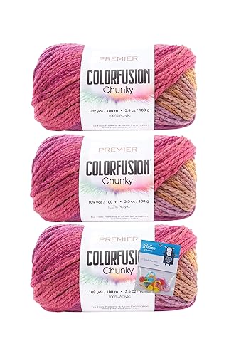 Premier Yarns Colorfusion Chunky Bulky Crochet Knitting Yarn 3.5 Oz Each Skein #5 Bulky Weight 3 Pack Bundle with Bella's Crafts Stitch Markers (Autumn Sky) - Autumn Sky - 3 Pack