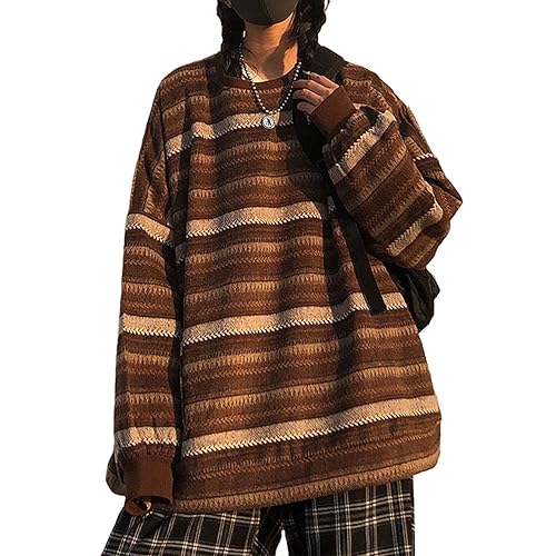 Women Striped Sweater Color Block Oversized Casual Crew Neck Knitted Long Sleeve Pullover Tops - Large Brown