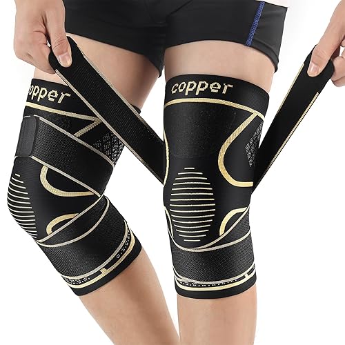 Copper Knee Braces with Strap for Knee Pain Women and Men(2 Pack), Knee Compression Sleeve for Arthritis, ACL, Meniscus Tear, Joint Pain Relief, Knee Support for Working, Running, Weightlifting(M) - Black+Copper - Medium