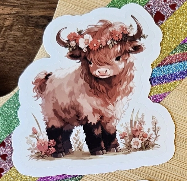 Scottish Highland Cow Sticker With Flowers Collection | 3 of 3