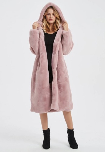 Womens Hooded Faux Fur Coat with Pockets - Pink / L