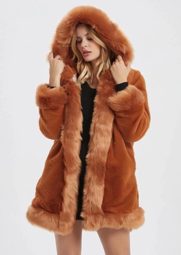 Womens Hooded Faux Fur Collar Coat - Ginger / M