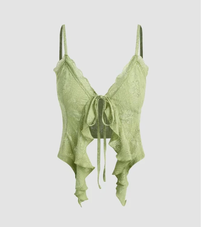 Cider Women's Lace Ruffle Hem Knotted Crop Top with Adjustable - TikTok Shop