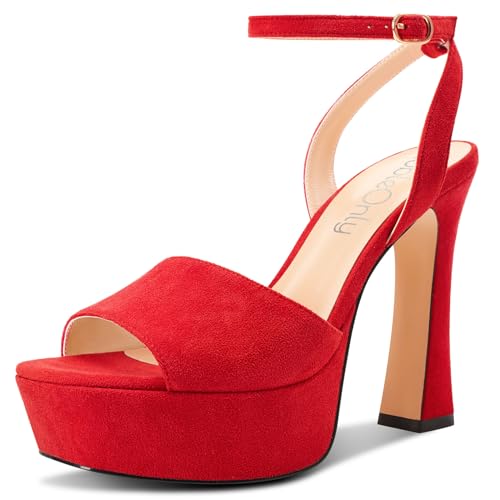NobleOnly Femmes Haut High Plate-forme Talon Heel Ouvert Carré Bout Sandales Lanières Cheville Slingback Boucle Dress Chaussures 12 CM Heels - 36 EU - Rouge