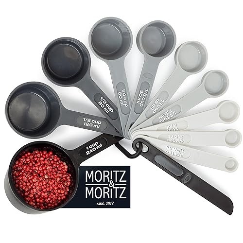 Moritz & Moritz Measuring Spoons Sets and Measuring Cups Sets - 11pcs of Baking Measuring Spoons - 10 Measurements & Level Measures - Grey - Black
