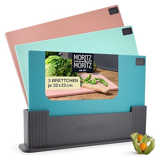 Moritz & Moritz Chopping Board Set with Stand - 32 x 22 cm - Professional Chopping Board - Colourful - Large Chopping Boards Set - Dishwasher Safe and Hygienic - Multicolor