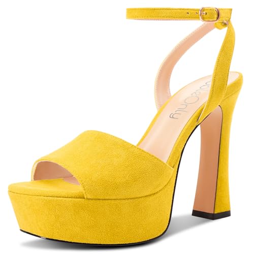 NobleOnly Femmes Haut High Plate-forme Talon Heel Ouvert Carré Bout Sandales Lanières Cheville Slingback Boucle Dress Chaussures 12 CM Heels - 36 EU - Jaune