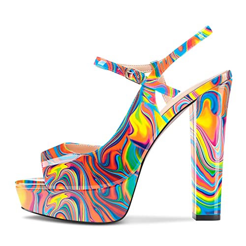 CASTAMERE Femmes Bloc Chunky Haut High Talon Heel Plate-forme Ouvert Bout Sandales Lanières Cheville Slingback Slip-on Party Chaussures 13 CM Heels - 37 EU - Jaune