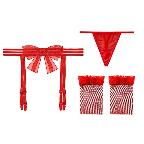 KOEMCY Femme Porte Jarretelle Jarretières sans Couture Bowknot Jarretelles Guepiere Ensemble 4 Réglable Jarretelle avec G-String et Bas - Taille unique - Rouge
