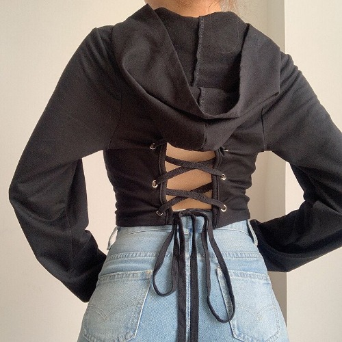 'Wild one' Lace Up Hoodie - Black / S