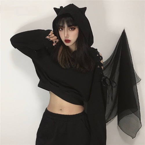 'Ivy' Black Grunge Cat Ear Lace up Hoodie - black / S