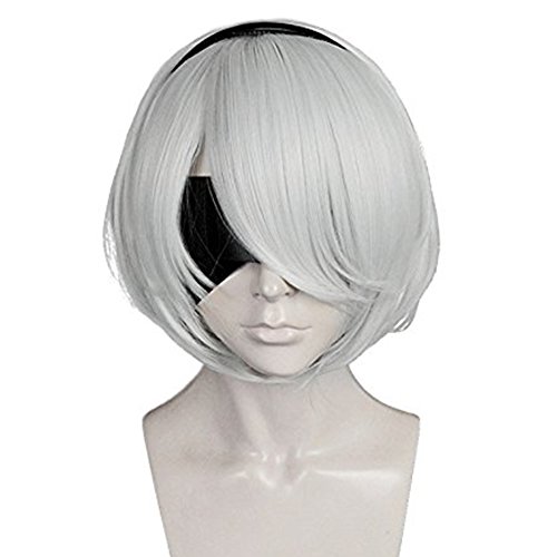 Anogol Hair Cap+Bob Cosplay Wig Grey Short Straight Synthetic Hair Costume Fancy Dress Halleween Wigs - Grey