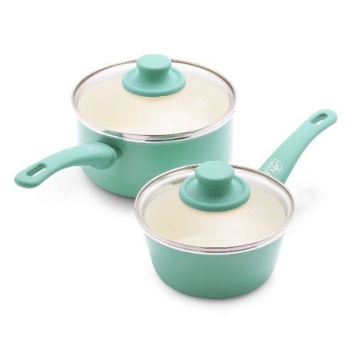 GreenLife Soft Grip Healthy Ceramic Nonstick, 1QT and 2QT Saucepan Pot Set with Lids, PFAS-Free, Dishwasher Safe, Turquoise - 1QT and 2QT Saucepan Set Turquoise