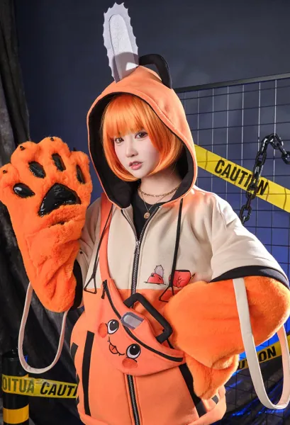 Chainsaw Pochita - Pullover Hoodie with Detachable Bag Design Furry Paw Gloves Orange Hooded Zipper Sweatshirt with Bag