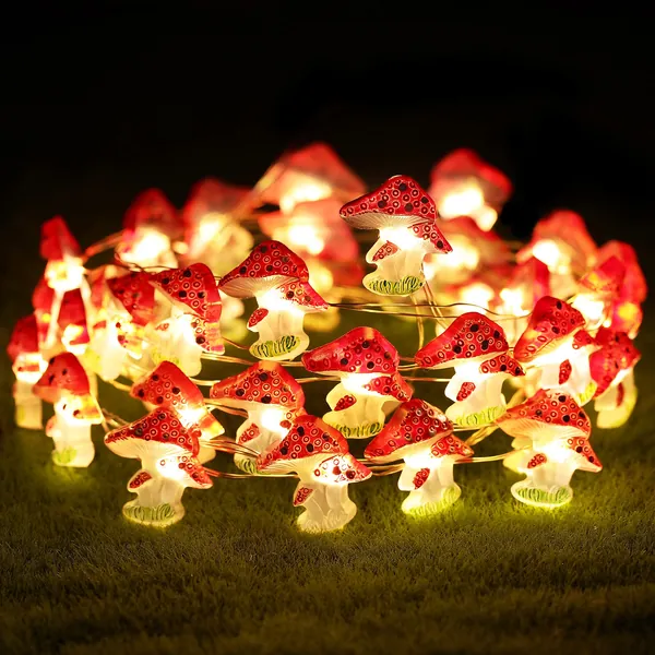 Mushroom Plant Decor String Lights, Cute Mushroom 40LEDs Fairy Lights 10FT USB and Battery Powered with Remote Timer for Bedroom Valentine's Day Wedding Party Patio Fence Plants Indoor Outdoor