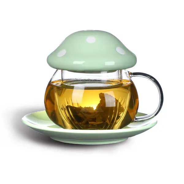 Mushroom Cup Cute Glass Tea Cup with Infuser and Lid Kawaii Mushroom Mug Set Coffee Teapot with Ceramic Coasters 11oz (Green)