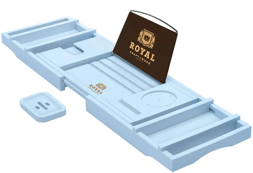ROYAL CRAFT WOOD Luxury Bathtub Caddy Tray, 1 or 2 Person Bath and Bed Tray, Bath Tub Table Caddy with Extending Sides, Adjustable Organizer Tray for Bathroom - Free Soap Dish (Blue)