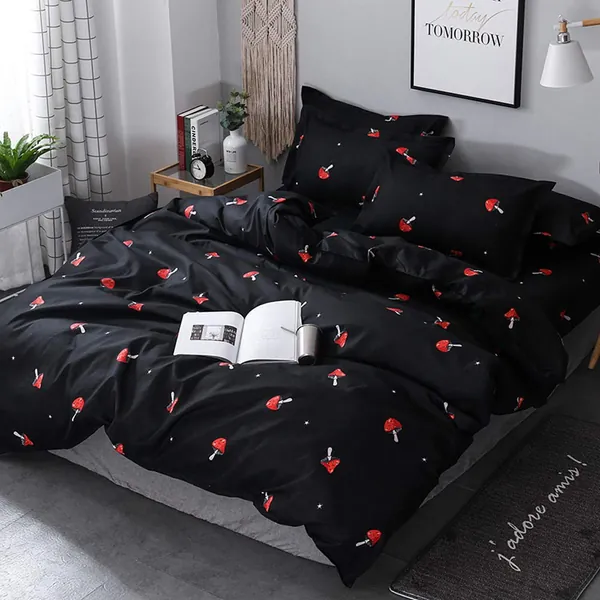 TEALP Duvet Cover Sets Twin Bedding Mushroom-Shaped Pattern Bedding Set Comforter Cover (1 Duvet Cover+2 Pillowcases) Black Red