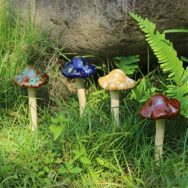 Danmu Garden Decor, 4pcs (Random Color) Ceramic Mushroom for Garden, Yard, Fairy Garden - Lawn Ornament Décor, Pottery Ornament 4.52" in Height (Dark Version)