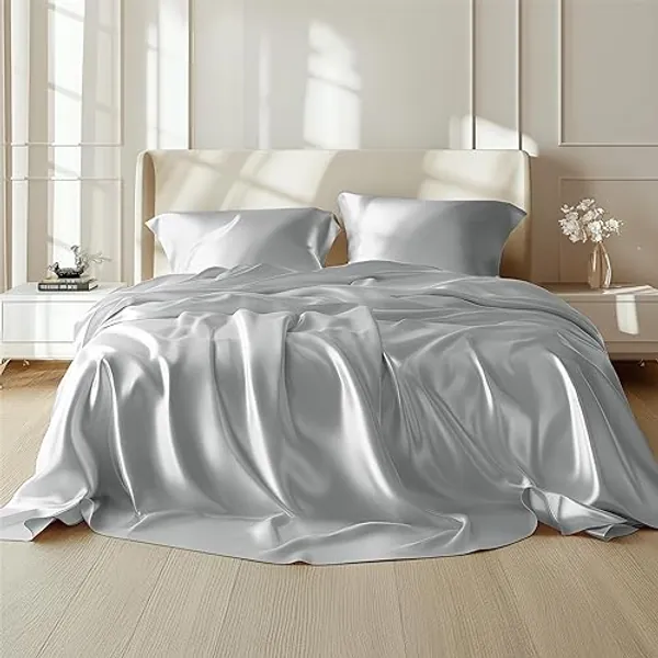 Bedsure Satin Sheets Queen Size - Similar to Silk Sheets, Silky Bedsheet, Luxury & Ultra Soft, Non-Fading & Wrinkle Free, Good for Hair & Skin, Gifts for Women, 4 Pieces, Silver Grey - 01-silver Grey - Queen