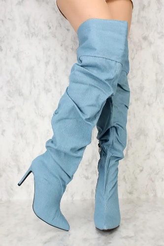 Denim Ruched Pointy Toe Thigh High Boots - 9 / Blue