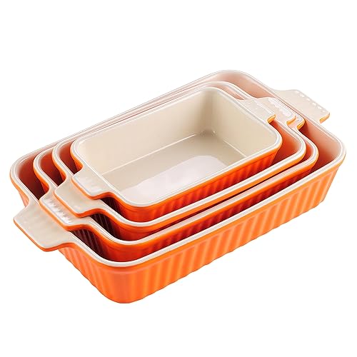 MALACASA Bakeware Set of 4, Porcelain Baking Pans Set for Oven, Casserole Dish, Ceramic Rectangular Baking Dish Lasagna Pans for Cooking Cake Kitchen, Orange(9.4"/11.1"/12.2"/14.7"), Series BAKE.BAKE - Orange - Set of 4-Rectangular