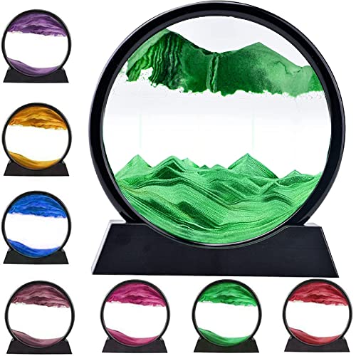rysnwsu 3D Dynamic Sand Art Liquid Motion, Moving Sand Art Picture Round Glass 3D Deep Sea Sandscape in Motion Display Flowing Sand Frame Relaxing Desktop Home Office Work Decor (Green, 7'') - Green - 7''