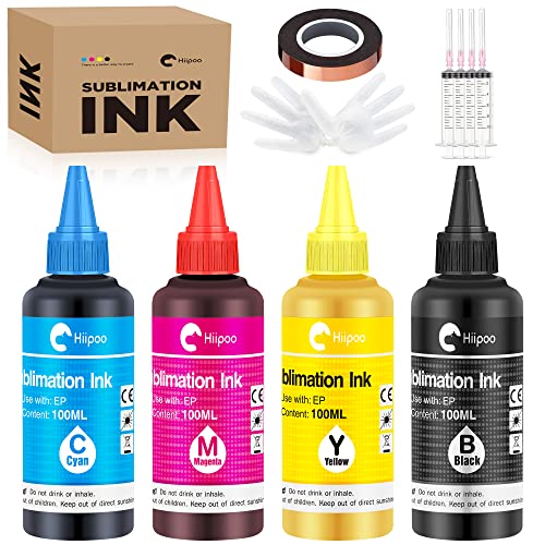 Hiipoo Sublimation Ink Refilled Bottles with Heat Tape Refill for ET2400 XP4105 XP4100 ET2720 ET2760 ET2750 ET4800 ET-2800 ET-2803 ET-2850 Inkjet Printers Heat Press Transfer on Mugs T-Shirts - Multicolor - 4 Packs