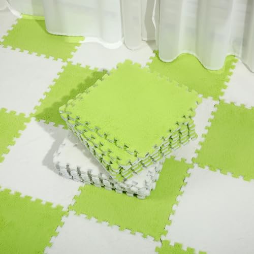 Ceenna 60 Pieces Plush Puzzle Foam Floor Mat Square Interlocking Carpet Tiles with Fluffy Play Mat Floor Tiles Soft Climbing Area Rugs for Living Room Floor Gym Area(Beige, Green) - Beige, Green