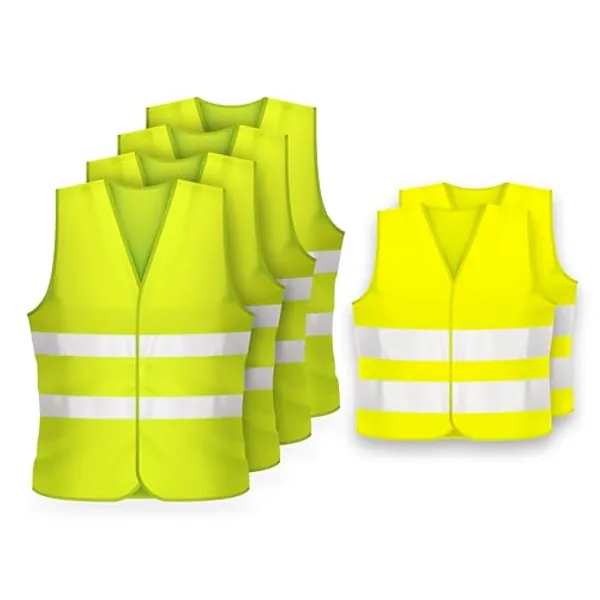 Warnwesten-Set: 4x Erwachsene + 2x Kinder - nach EN ISO 20471 - Auto - KFZ - Sicherheitsweste - Warnschutzweste - Warnweste - gelb - high visibility vest - Erwachsene - Sicherheits Set - EU Norm