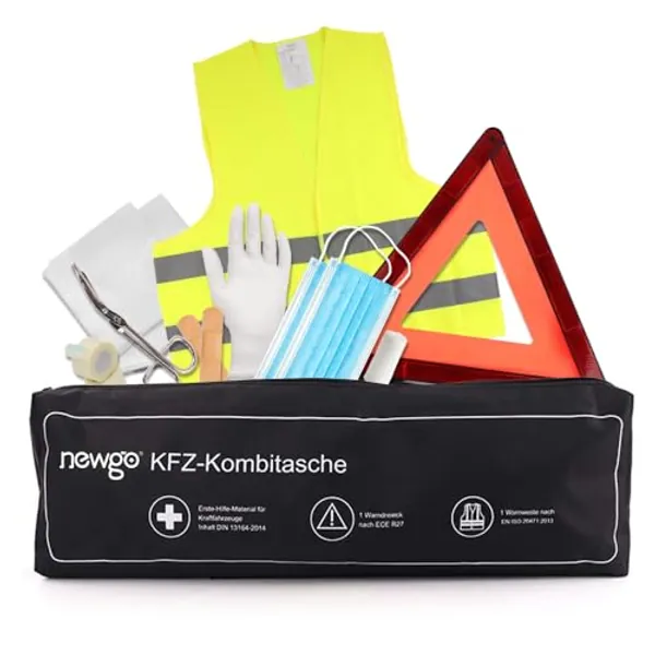 NEWGO 3 in 1 Erste Hilfe Set Auto 2024 KFZ Verbandkasten nach DIN 13164 I KFZ Kombitasche mit Warnweste, Warndreieck & Verbandkasten I Unfall Zubehör, PKW-Notfallset, Pannenset