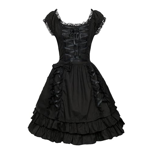 Nofonda Frauen Klassisch Schwarz Gothic Kostüm Cosplay Lolita Kostüm Abendkleid Layered Lace-Up Kurzarm Kleid (L)