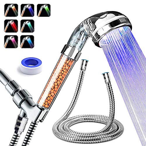 PRUGNA LED Shower Head with Hose and Shower Arm Bracket, High-Pressure Filter Handheld Shower for Repair Dry Skin and Hair Loss - 7 Colors Change Cyclically - 7 Colors (Sequence Changing)