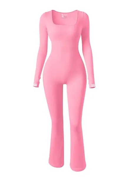 OQQ Women Yoga Jumpsuits Ribbed Exercise Long Sleeve Tops Bell Bottoms Flare Jumpsuits