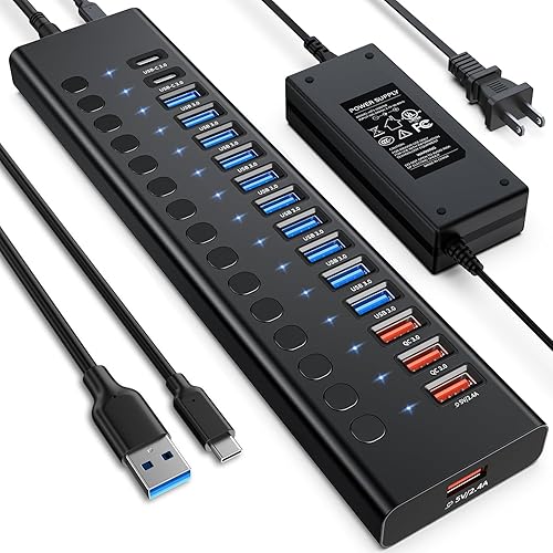 Powered USB 3.0 Hub, 16-Port USB C Hub Splitter (10 USB 3.0+2 QC 3.0+2 Smart Charging+2 USB-C 3.0) with Individual Switches, 12V 7.5A 90W UL Certified Power Adapter for Laptop, Mac, PC, Computer - 16-Port