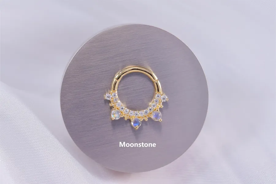 14K Solid Gold Moonstone Clicker/Moissanite Septum Ring/Moonstone Cartilage Hoop/Moissanite Nose Ring/Moonstone Conch Hoop/Daith Huggie Ring