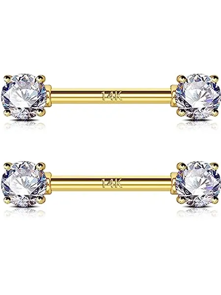 OUFER 2PCS Nipple Rings, 14K Solid Gold Nipple Piercing Jewelry, Clear CZ Nipple Piercing, 14G Nipple Barbells, Nipple Rings For Women Men